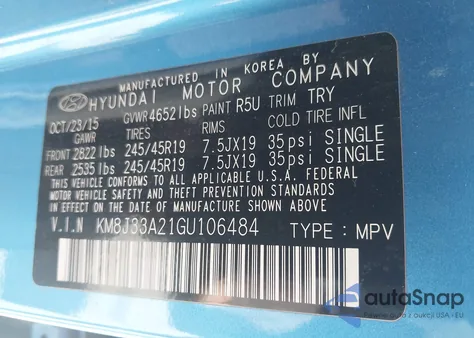 2016 Hyundai Tucson Sport из США, поврежденный, VIN KM8J33A21GU106484